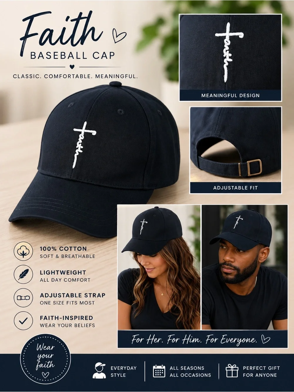 Faith Embroidered Baseball Cap - Black
